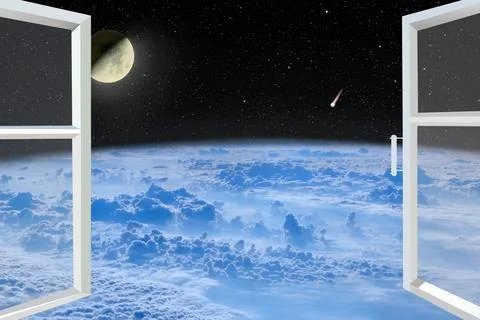 View of moon through open window. Sky panorama. View of moon in blue sky. Pan Stock Photos