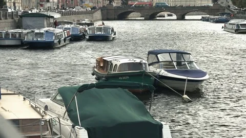 View of moored boats rocking on the waves 스톡 동영상 73508824