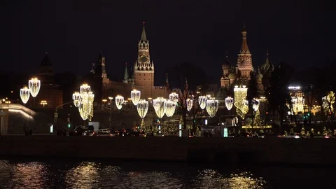 View of the Moscow Kremlin at night Stock Footage 122390099
