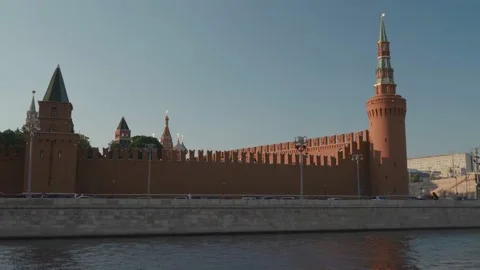 View of the Moscow Kremlin from a ship sailing along the Moscow River Stock Footage 200501260