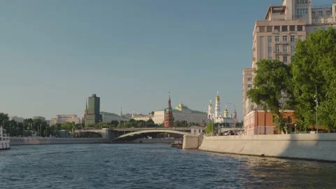 View of the Moscow Kremlin from a ship sailing along the Moscow River Stock Footage 201116957