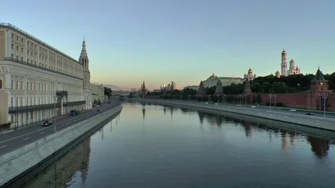 View of the Moscow Kremlin by a sunny morning, Moscow river and Moscow transport Stock Footage