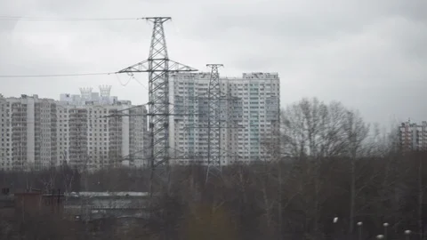 View to Moscow from moving train on dull day, Russia 스톡 동영상 89884205