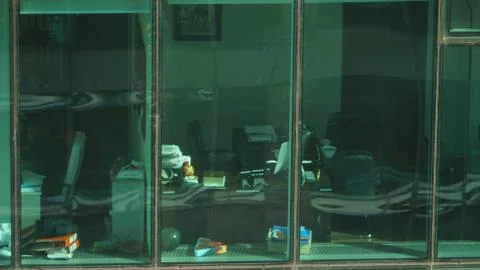 View of moscow office through window of skyscraper Foto stock