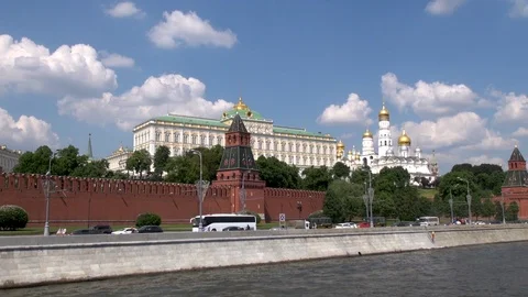 View from Moscow River are cathedrals and buildings to Moscow Kremlin. Stock Footage 106491676