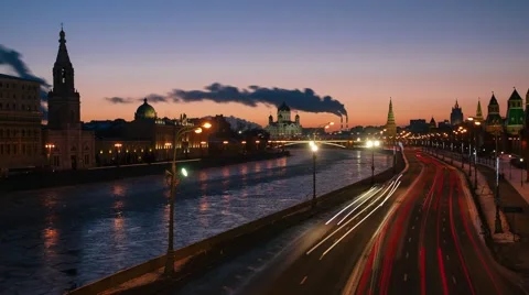 View of the Moscow River from the bridge. Cathedral of Christ. Moscow. Time-Laps Stock Footage 45804613