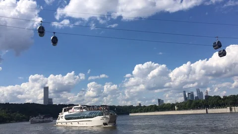 View From Moscow River of The Cable Car Near The Luzhniki Stadium Stock Footage 109380363