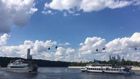 View From Moscow River of The Cable Car Near The Luzhniki Stadium Stock Footage 109380387