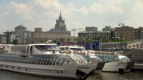 View from the Moscow River on large number of river cruise liners. Stock Footage 106111736