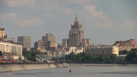 View from the Moscow River on one of the seven Stalinist skyscrapers. Video stock 105842819