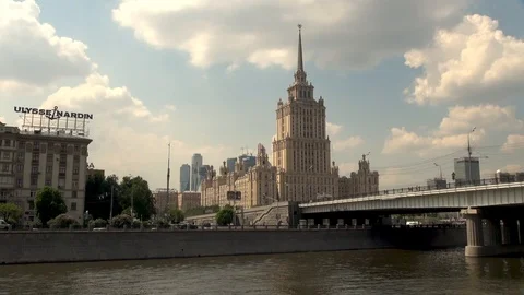 View from Moscow River on one of seven Stalinist skyscrapers. Stock Footage 106062713