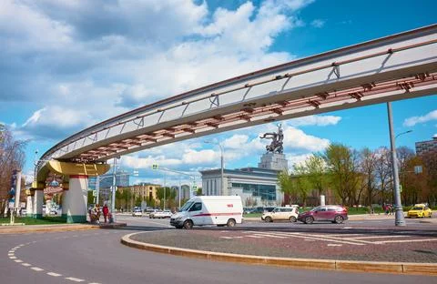 View of Moscows only overhead monorail line, cityscape: Moscow, Russia - May Stock Photos