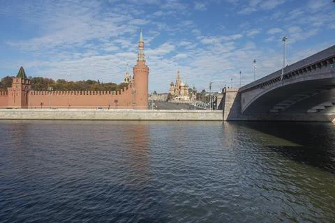 View of the Moskva River, Vasilievsky Spusk Square and St. Basil's Cathedral Stock Photos