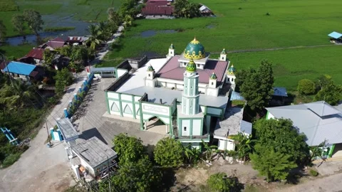 View of a mosque located in a village and agricultural area Stock Footage 312298971