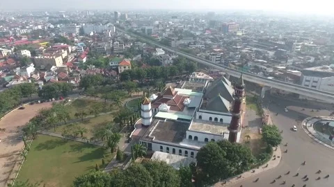 View of the mosque in Palembang recorded using a drone Stock Footage 233133388