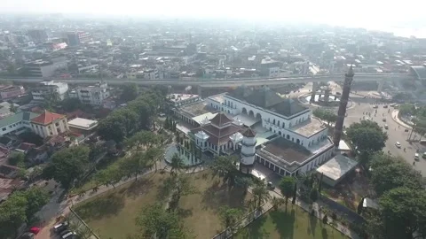 View of the mosque in Palembang recorded using a drone Stock Footage 233133504