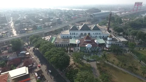 View of the mosque in Palembang recorded using a drone Stock Footage 233133623