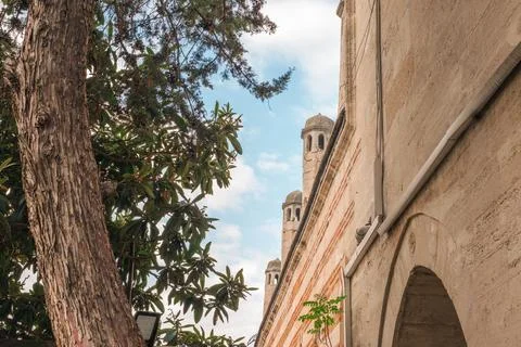 A view of a mosque wall with visible ventilation chimneys and leafy trees i.. Stock Photos