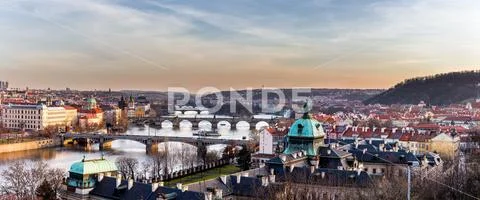 View of the most important bridges in Prague: Charles bridge, Palace bridge.. Stock Photos