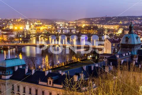 View of the most important bridges in Prague: Charles bridge, Palace bridge.. Stock Photos