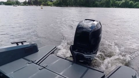 View of motorboat engine. Water stream on the river after speed boat. Foamy Stock Footage 201389180