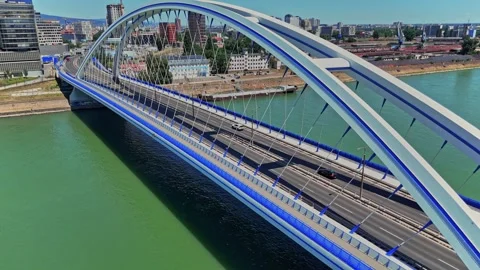 View of the motorway bridge over the Danube river in Bratislava Slovakia Stockbeeldmateriaal 337879983