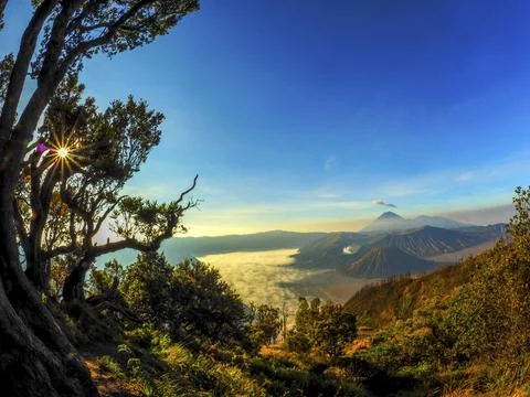 A view of Mount Bromo and Mount Semeru in the morning Stock Photos