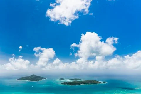 View from Mount Copolia to the islands St. Anne and Cerf near Mahe, Seychelle Stock Photos