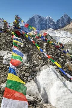 View from Mount Everest base camp and prayer flags Stock Photos