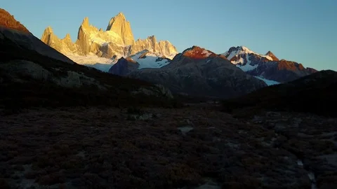 View of Mount Fitz Roy from the air. Autumn dawn. Patagonia, Argentina Stock Footage 81813804
