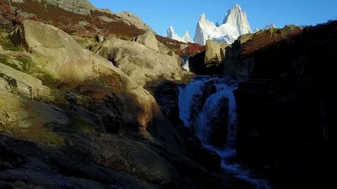 View of Mount Fitz Roy from the air. Autumn dawn. Patagonia, Argentina Stock Footage 81819358
