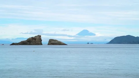 View of Mount Fuji and sea stacks from Izu Peninsula, Shizuoka Prefecture, Japan Stock Footage 219628152