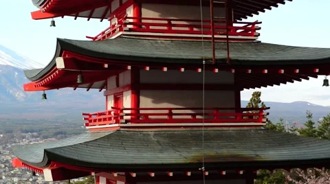 View of Mount Fuji from Chureito Pagoda, panning shot Stock Footage 40648140
