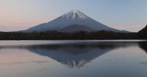 View of Mount Fuji reflected in Lake Kawaguchi, Japan. Video stock 342285655