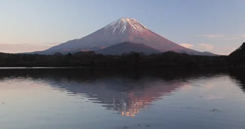 View of Mount Fuji reflected in Lake Kawaguchi, Japan. Stock Footage 342285713