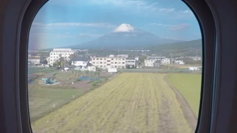View of Mount Fuji through the window onboard a high speed train in Japan Stock Footage 261622591