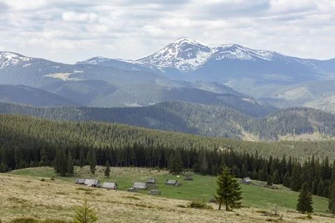 View on the mount Hoverla covered with snow from the Kukul meadow of Chornoho Stock Photos