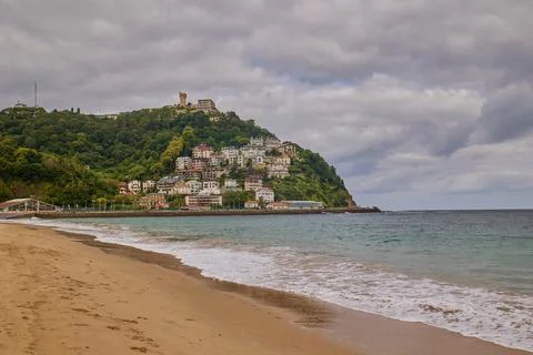 View of Mount Igeldo from Ondarreta beach in San Sebastian, Spain Stock Photos
