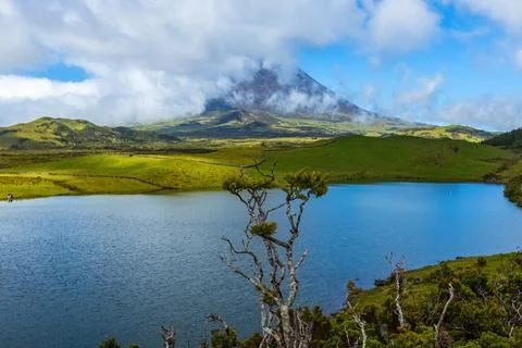 View of the mount Pico from Lagoa do Capitao lake in Pico island Azores Portu Stock Photos