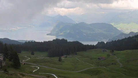 View of Mount Pilatus and green meadows in Switzerland. Stock-Footage 343667764
