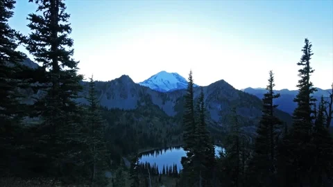 View of Mount Rainier and Alpine Lake at Sunrise, Sunset from Sheep Lake Trail, Stock Footage 332141304