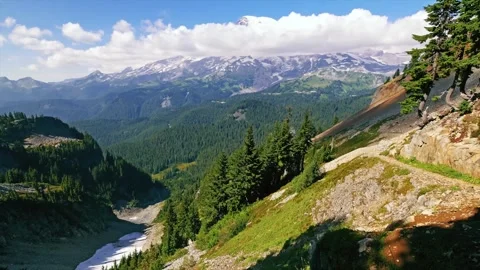 View of Mount Rainier from Pinnacle Peak Trail in the Tatoosh Range, Washington Stock Footage 332138752