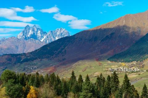 View of Mount Ushba. Ushba is one of the most notable peaks of the Caucasus r Stock-Fotos