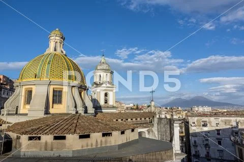 View of Mount Vesuvius and church dome,Naples, Italy Stock Photos