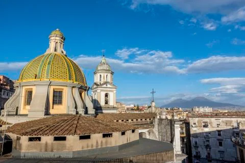 View of Mount Vesuvius and church dome,Naples, Italy Stock Photos