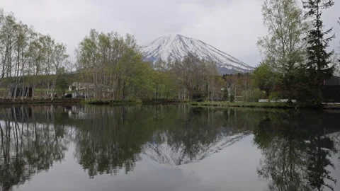 View of Mount Yotei reflecting in a pond in Niseko, Japan. Video stock 343681263