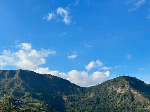 View of mountain and forest with cloudy sky Stock Photos