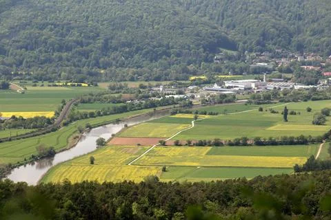 View from mountain to the beautiful ancient city Bad Sooden-Allendorf and r.. Stock Photos