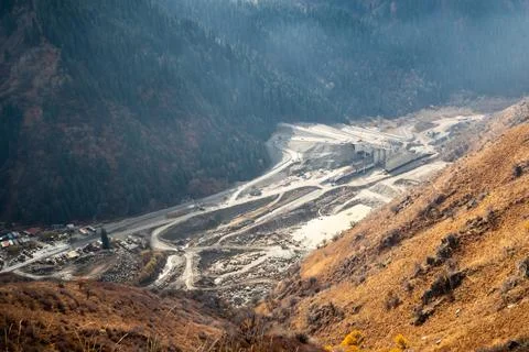 View from the mountain on construction of a mudflow protection dam in the Big Stock Photos