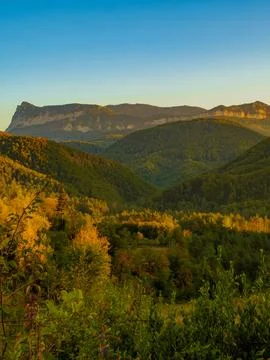 View of the mountain in the evening in autumn Stock Photos